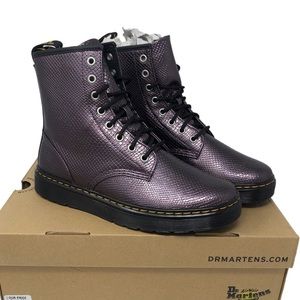 Dr. Martens Zavala Oxblood Purple Metallic Reptile Snake Emboss Combat Moto Boot